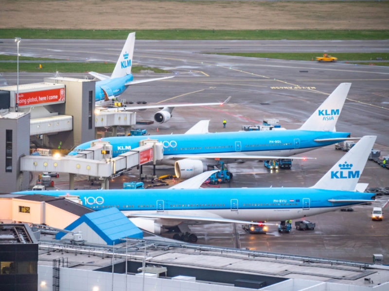 a group of blue airplanes at an airport