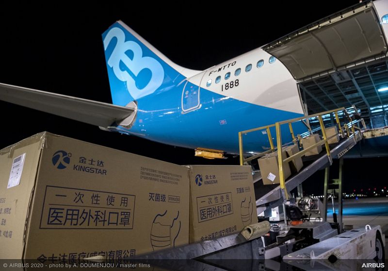 a plane being loaded with boxes