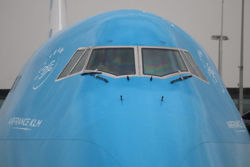 the front of a blue plane