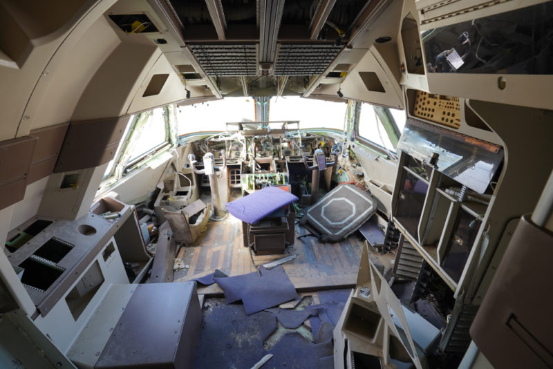 inside a broken airplane cockpit