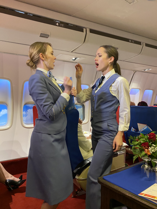 two women in uniform on an airplane