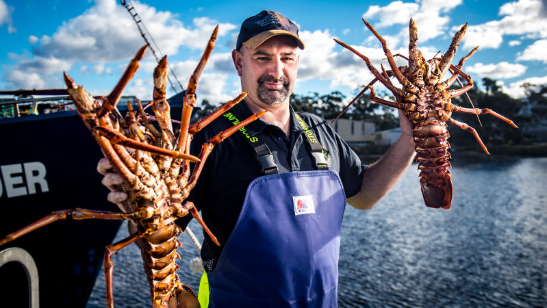 a man holding lobsters in front of water