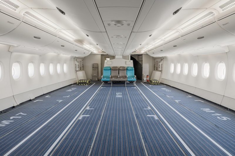 a plane with blue seats