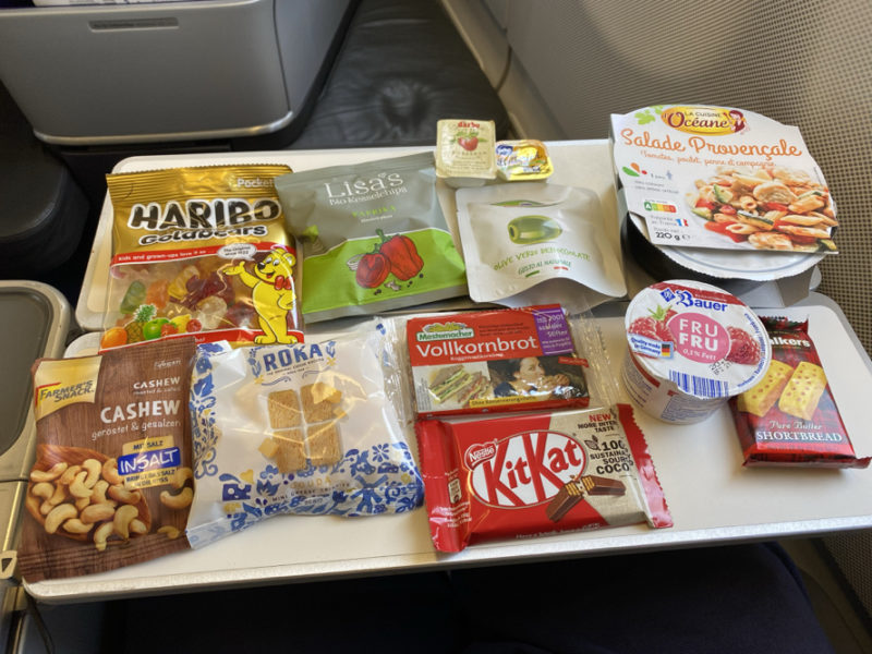 a tray of food on a plane