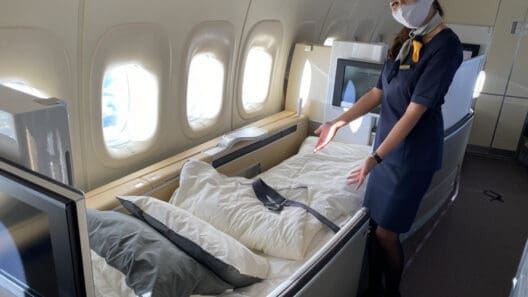 a woman wearing a mask and standing in a plane