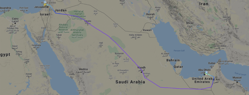 Flight Path of historic non-stop flights between Israel and UAE by EL AL on 31 August 2020