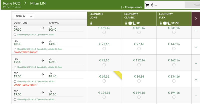 All COVID-free flights are clearly marked on the Alitalia website
