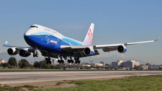 a blue and white airplane taking off