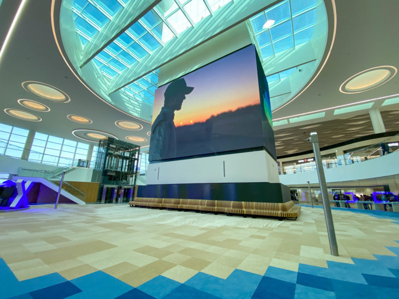 a large screen in a building