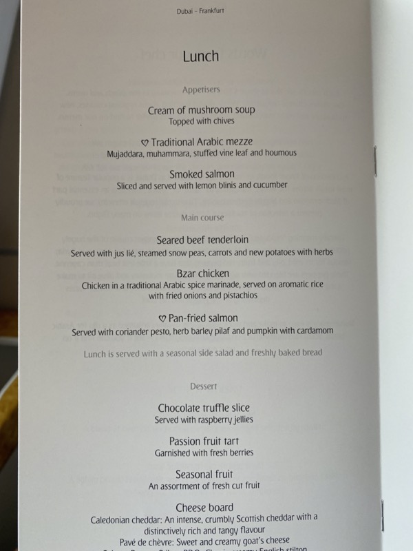 Lunch menu Dubai to Frankfurt, Emirates Business Class
