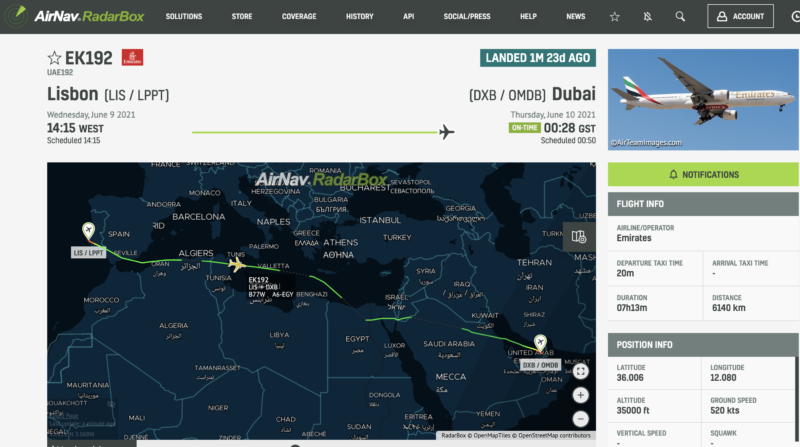 Emirates Flight EK192 Lisbon to Dubai tracked by Radarbox