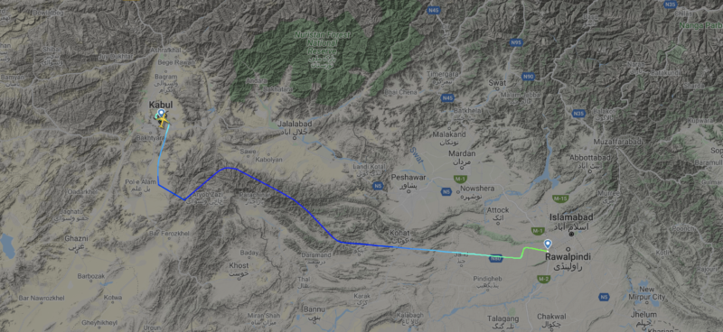 Route map of Flight PK6252 from Kabul to Islamabad