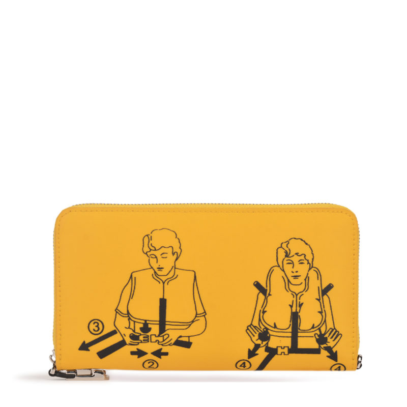 a yellow wallet with a couple of people on it