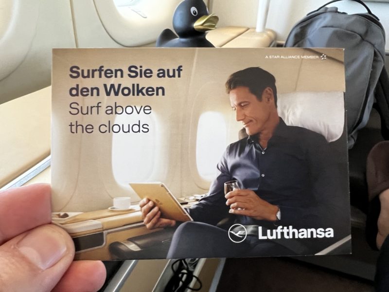 There is free Wi-Fi onboard for First Class on Lufthansa. I think the limit was 200Mb.