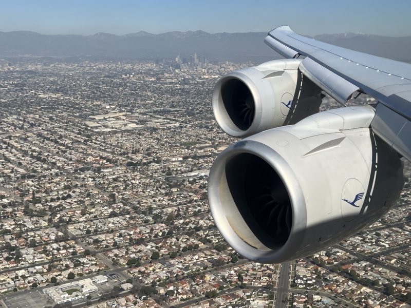 Approach on runway 24R with downtown L.A. in background