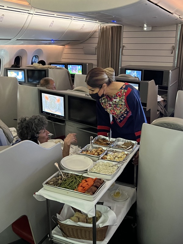 a woman serving food on a tray in an airplane