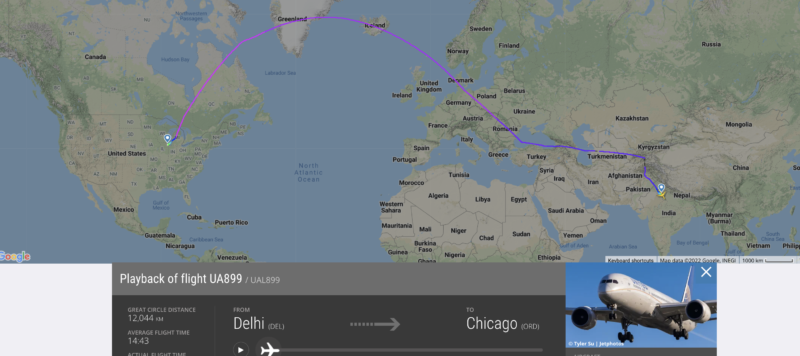 United Flight UA899 from Delhi to Chicago