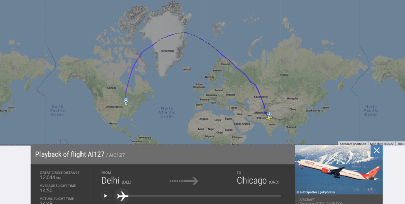 Air India Flight AI127 from Delhi to Chicago