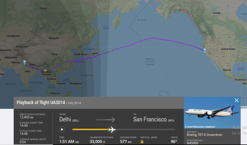 United Airlines Flight UA3014 from Delhi flying over Bangladesh, Myanmar, China, Japan and across the Pacific towards San Francisco.
