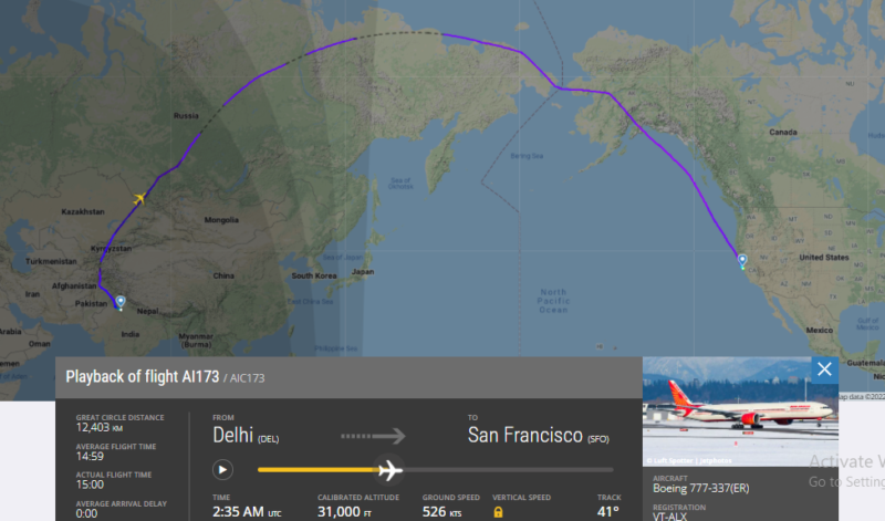 Air India Flight AI173 from Delhi to San Francisco using Russian airspace
