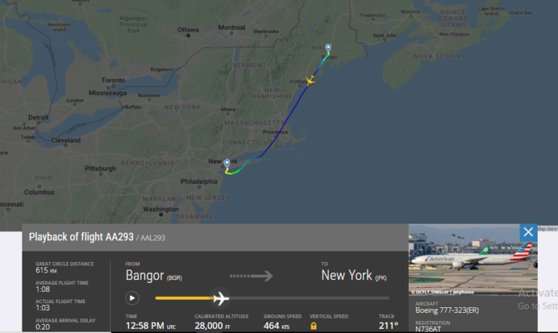 American Airlines Flight AA293 from Delhi to New York via Bangor 