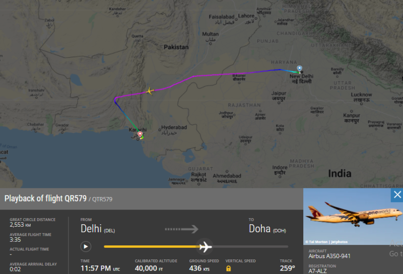 Qatar Airways Flight QR579 from Delhi to Doha diverted to Karachi