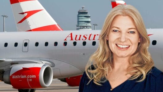 a woman smiling in front of a plane