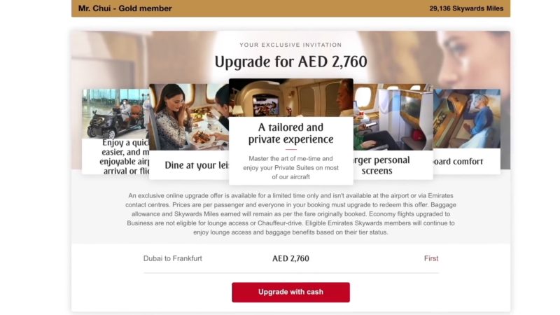 One way First Class upgrade from Business Class costs AED2,760 (752 USD) from Dubai to Frankfurt
