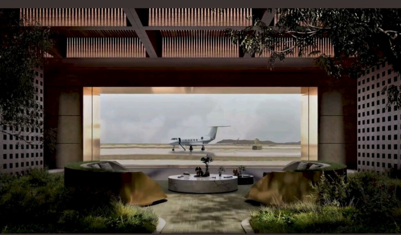 a room with a large window and a plane landing