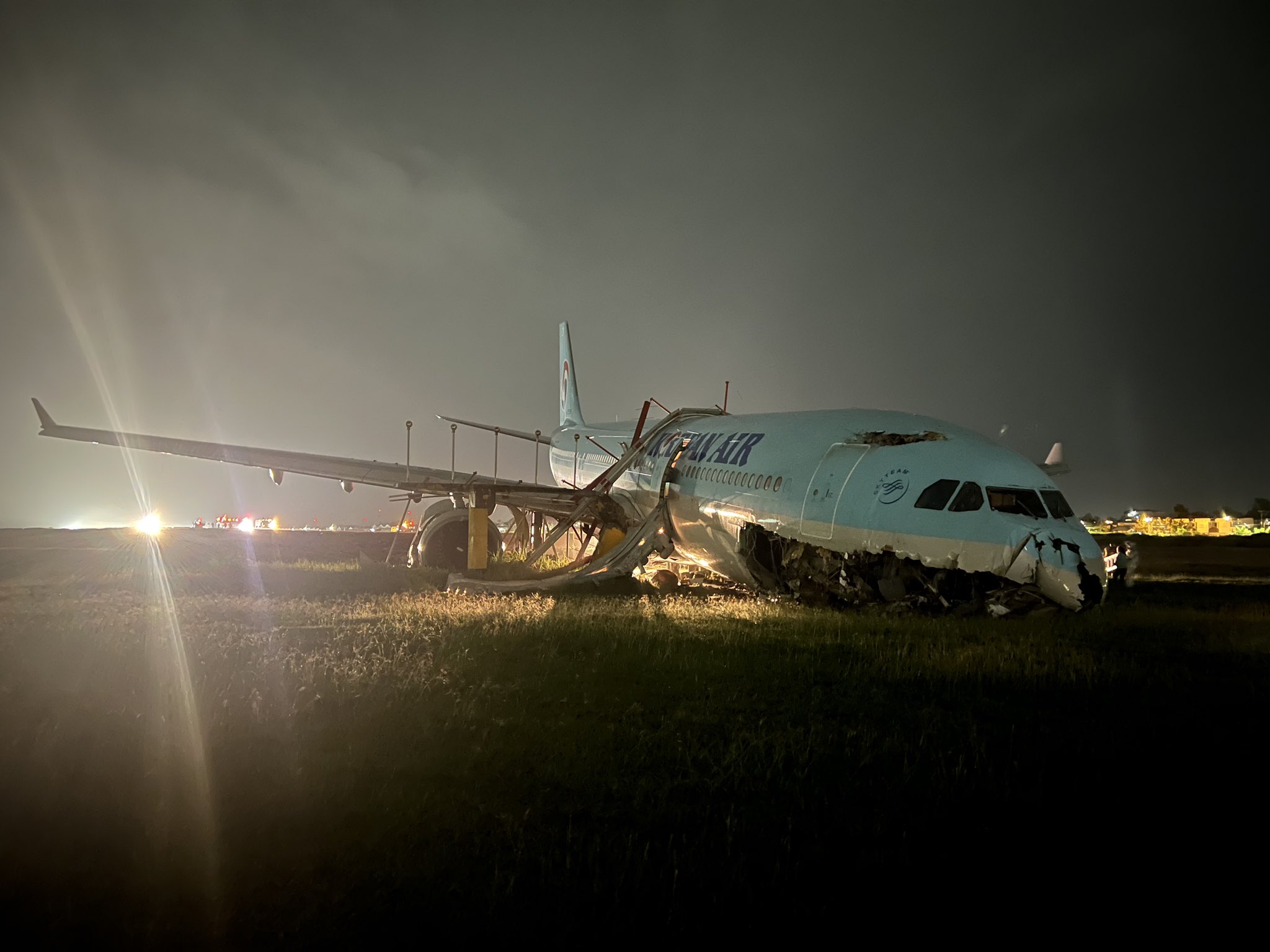 an airplane that has been crashed at night