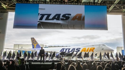 a man on a stage with a crowd watching a large screen with airplanes