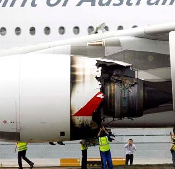 a group of people standing next to an airplane engine