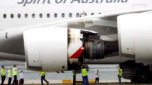 a group of people standing next to an airplane engine