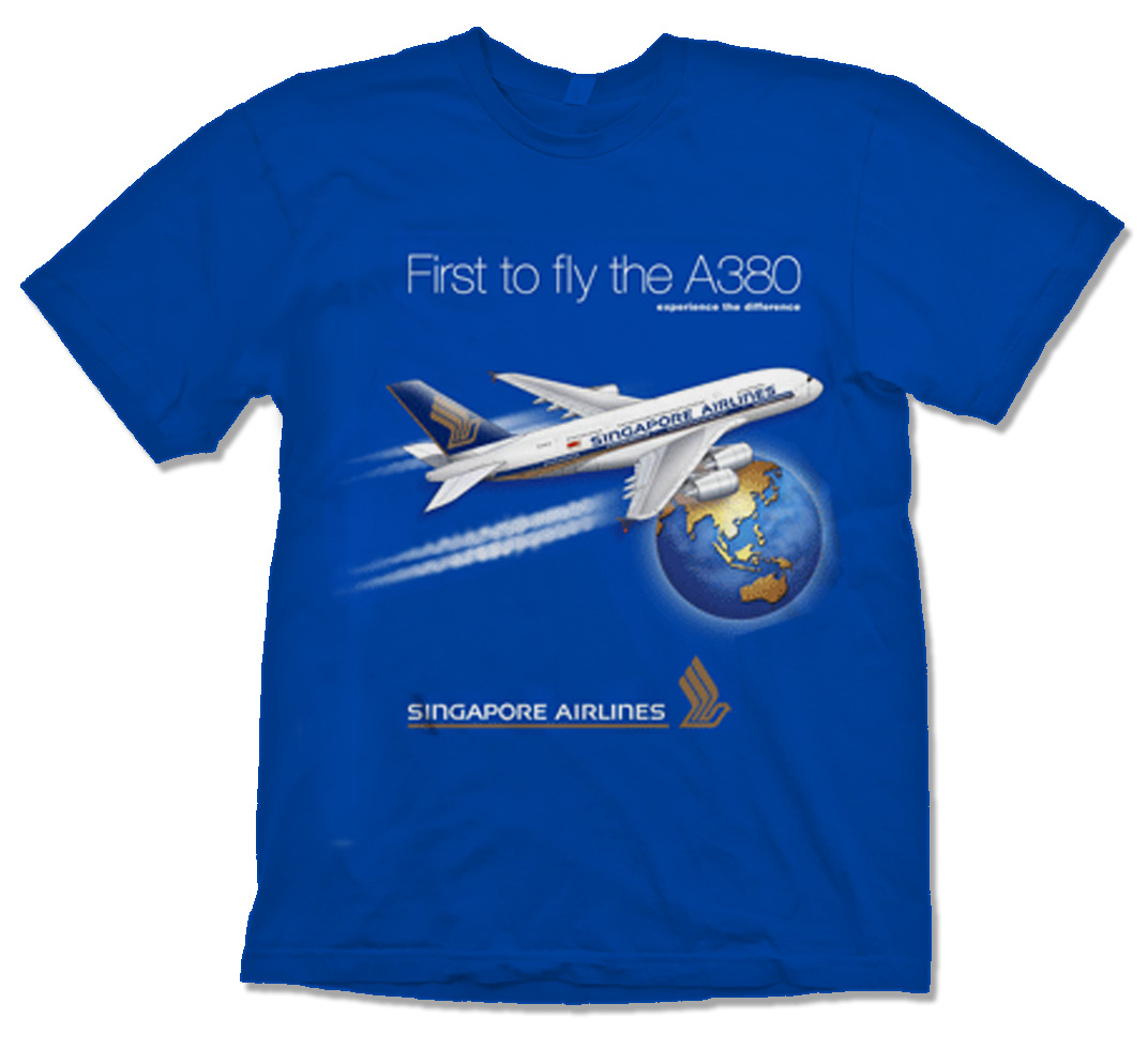 a blue t-shirt with a picture of a plane and earth