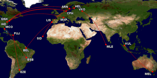 a map of the world with red lines