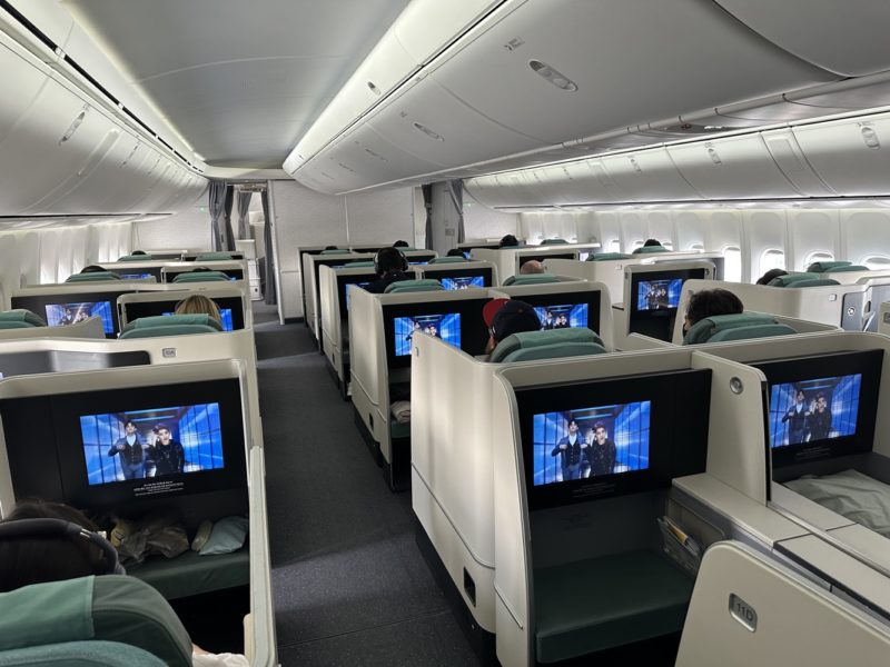 Lower deck Business Class with 2-2-2 configuration. All seat has individual aisle access.