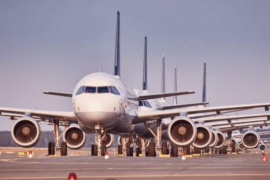 a row of airplanes on a runway