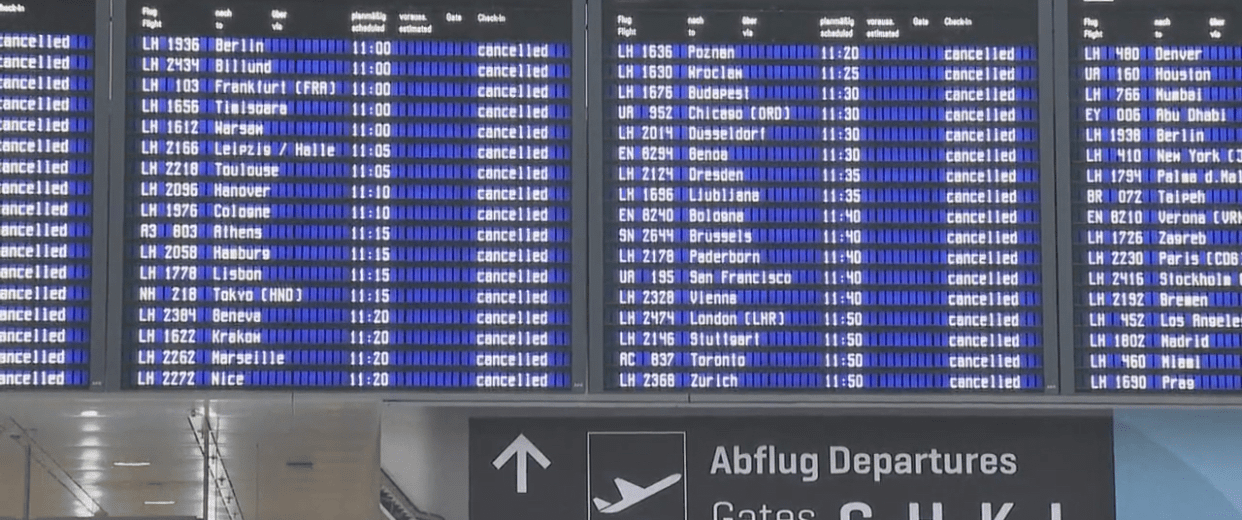 a screen with blue and white text