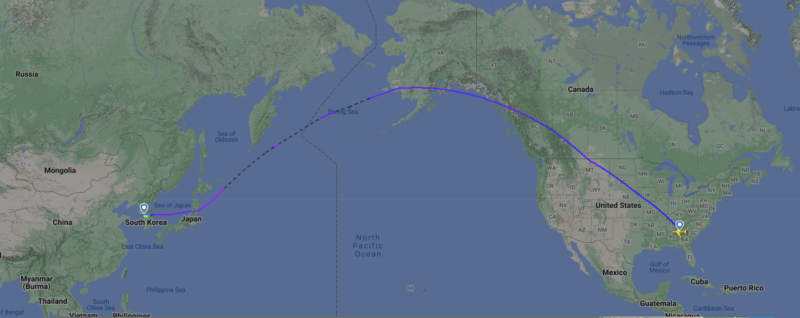 Routing of flight KE36, Atlanta to Incheon