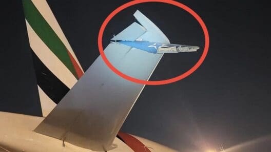 a plane tail fin with a plane in the background