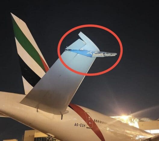 a plane tail fin with a plane in the background