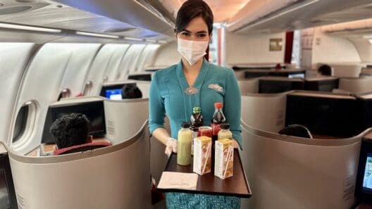 a woman wearing a mask and gloves holding a tray with drinks