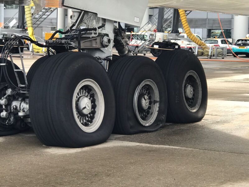 a close up of a plane tires