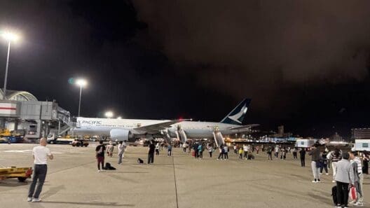 a large airplane on the tarmac at night