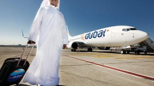 a man in a white robe with a suitcase standing in front of an airplane