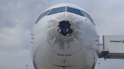 the front of a plane with a hole in it