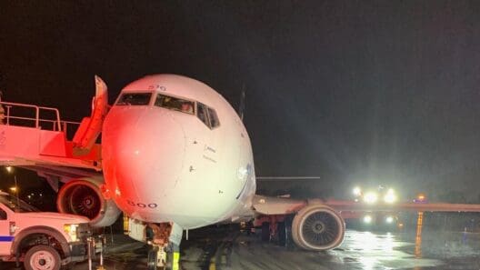 a plane on the runway at night