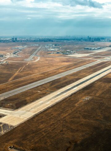 an aerial view of a runway