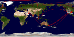 a map of the world with red lines