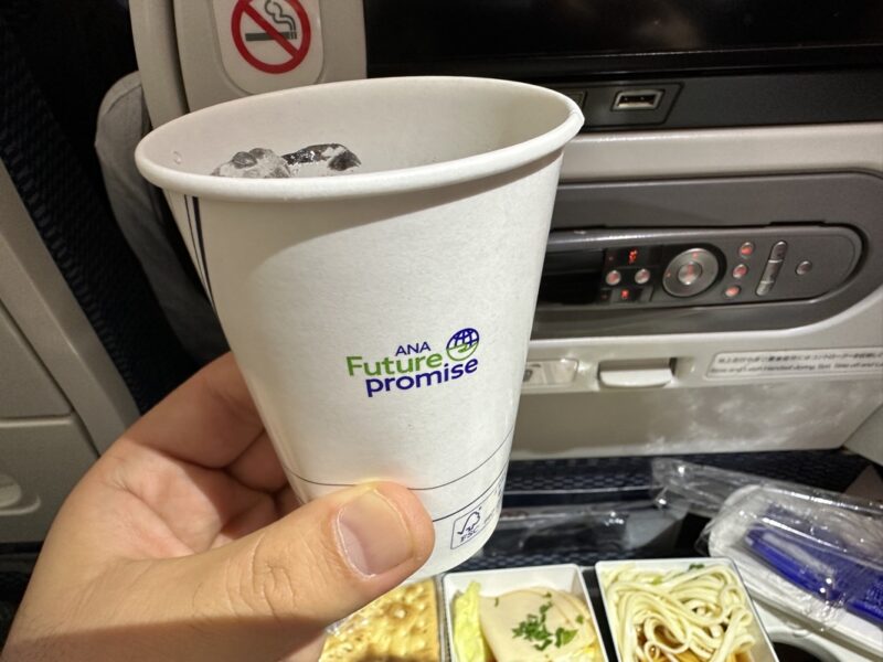 a hand holding a paper cup with ice in front of a television